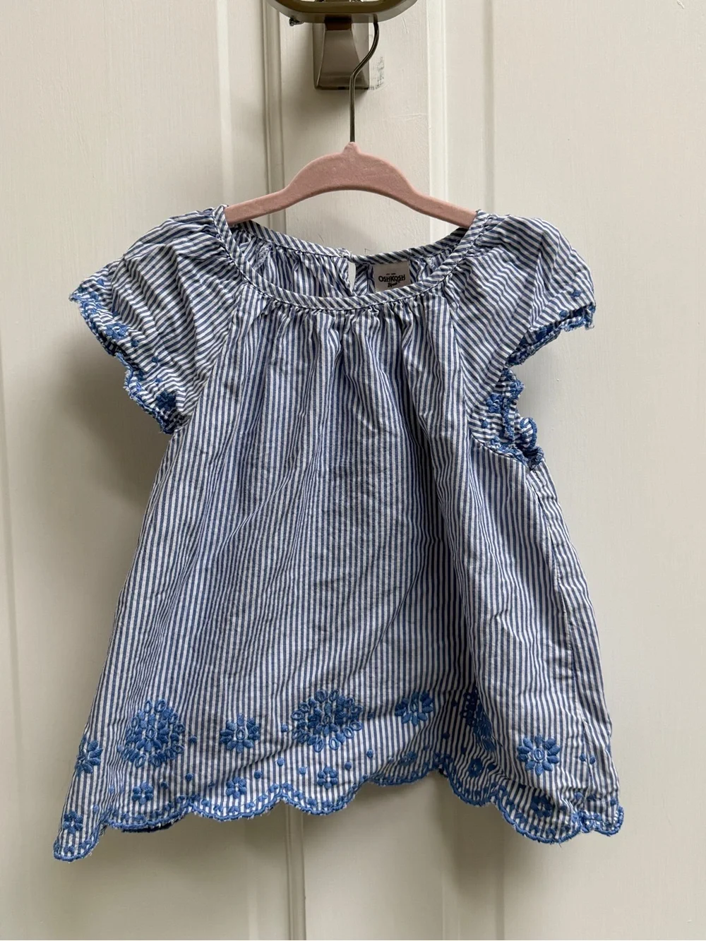 OshKosh B'gosh Girls 4T Blue & White Striped Embroidered Floral Short Sleeve Top